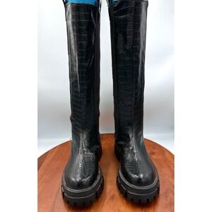 Azaela Wang Kensington Black Croc Embossed‎ Tall Lug Sole Chelsea Boots Women 7